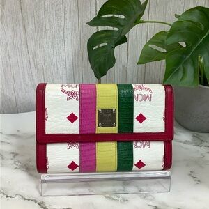 GUC MCM White Wallet with Pink, Yellow & Green Stripe Accents